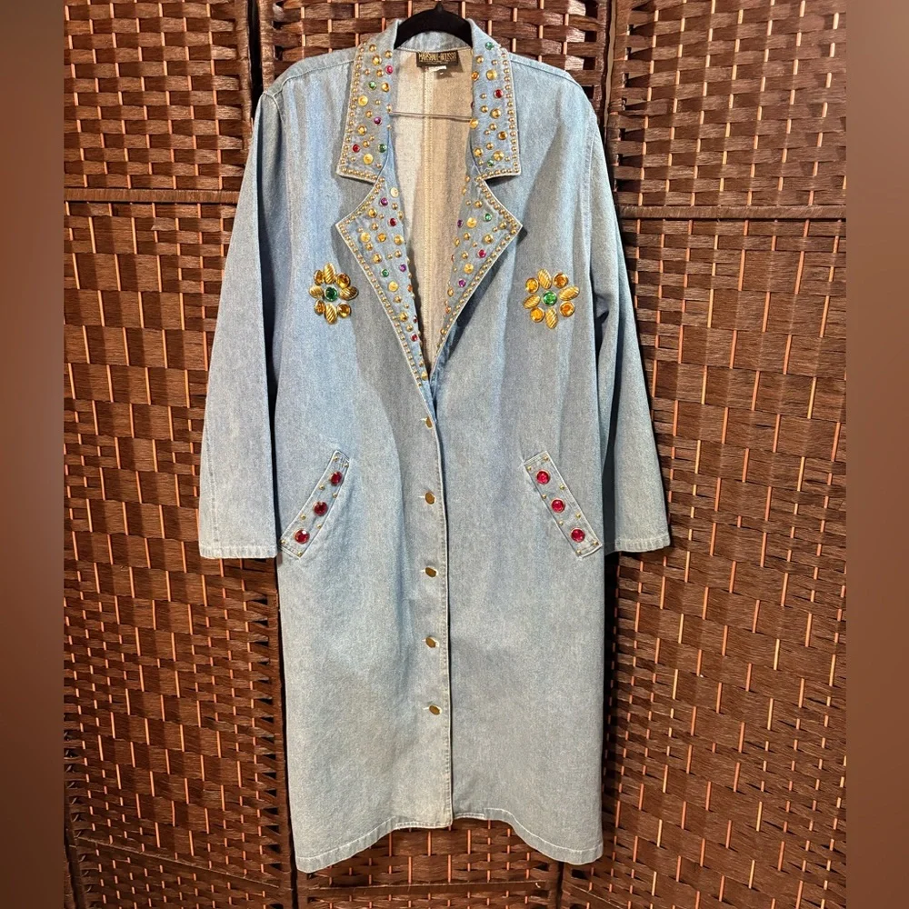 Vintage Marshall Rousso Embellished Denim Duster Coat L Rhinestone Studded - Picture 1 of 10